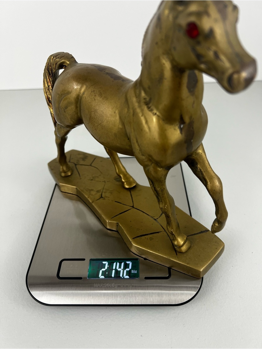 Vintage Solid Brass Horse Statue Red Rhinestone Eyes Mid Century Decor - Picture 13 of 13